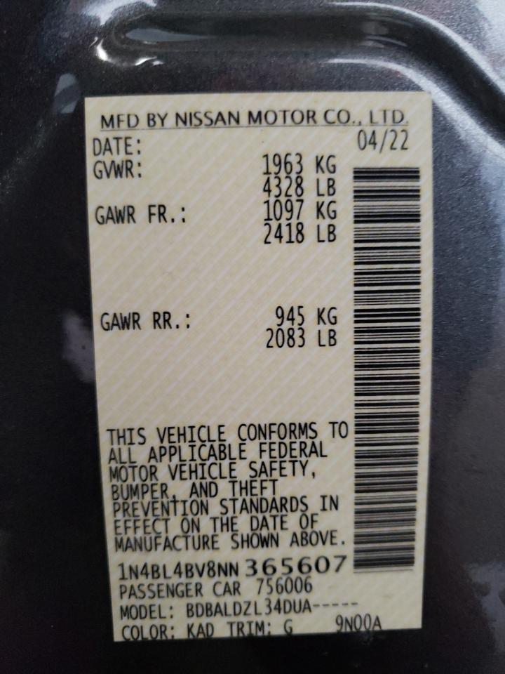 2022 NISSAN ALTIMA S VIN:1N4BL4BV8NN365607