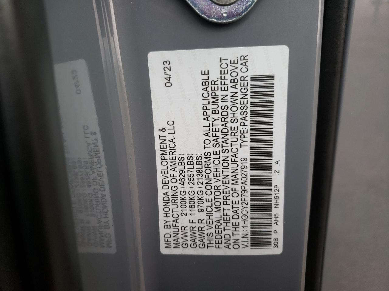 2023 HONDA ACCORD HYBRID SPORT-L VIN:1HGCY2F79PA027919