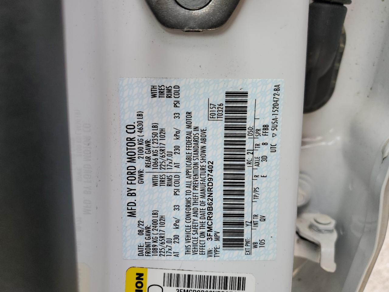 2022 FORD BRONCO SPORT BIG BEND VIN:3FMCR9B62NRD97402
