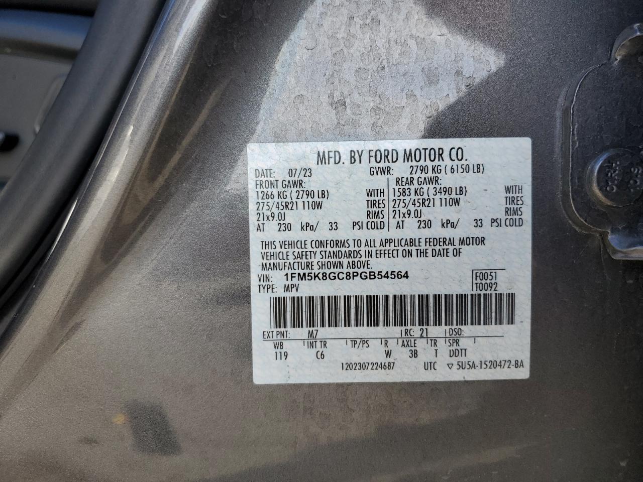 2023 FORD EXPLORER ST VIN:1FM5K8GC8PGB54564