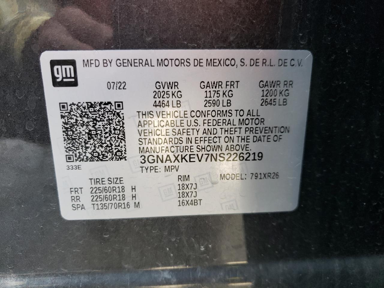 2022 CHEVROLET EQUINOX LT VIN:3GNAXKEV7NS226219