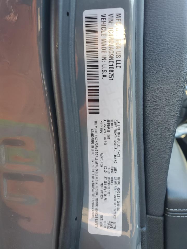 2022 DODGE DURANGO SXT VIN:1C4RDJAG9NC108751