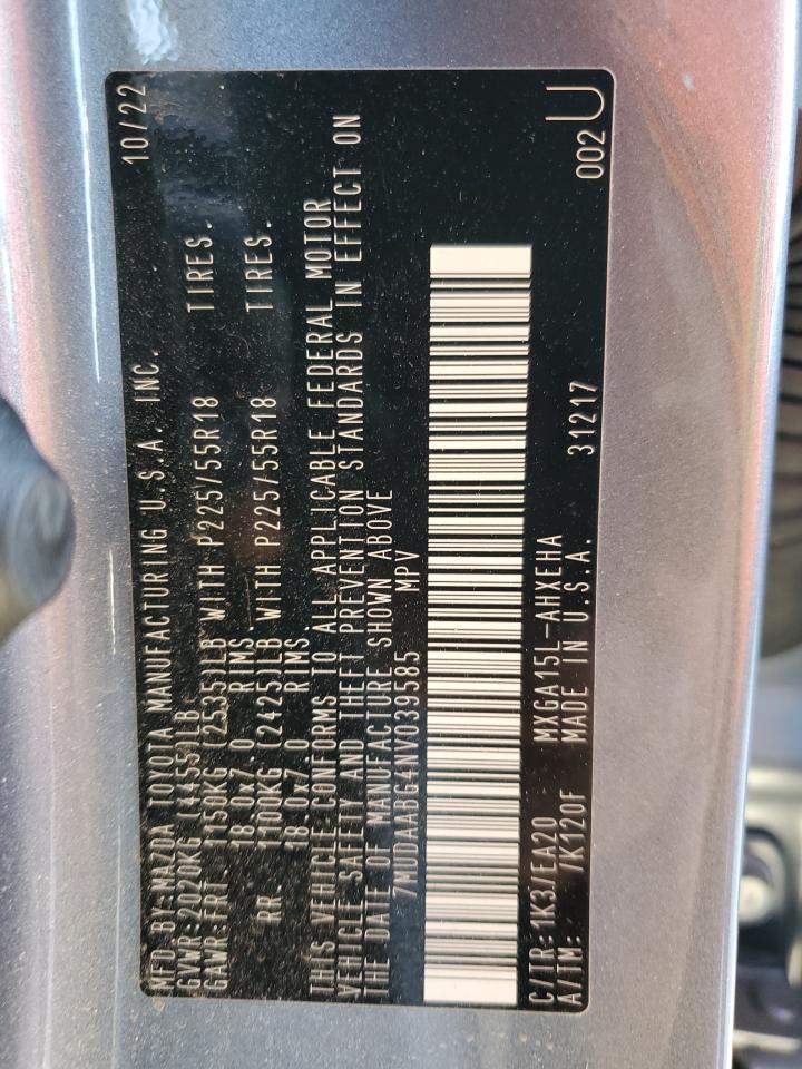 2022 TOYOTA COROLLA CROSS XLE VIN:7MUDAABG4NV039585