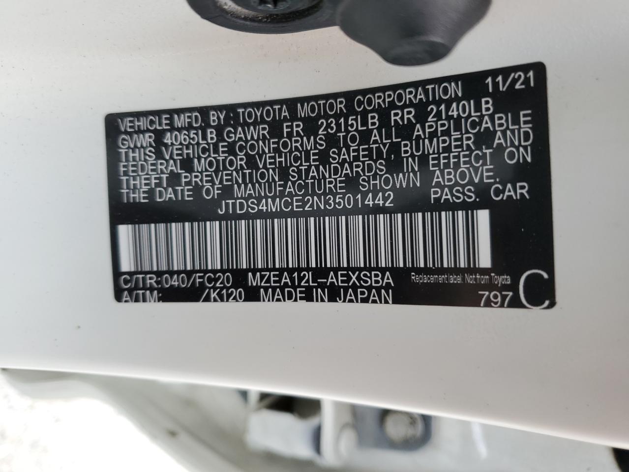 2022 TOYOTA COROLLA SE VIN:JTDS4MCE2N3501442