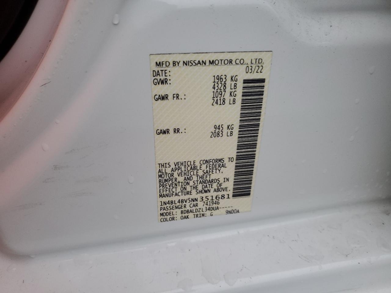 2022 NISSAN ALTIMA S VIN:1N4BL4BV5NN351681