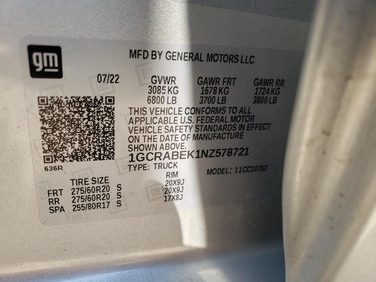 2022 CHEVROLET SILVERADO C1500 CUSTOM VIN:1GCRABEK1NZ578721