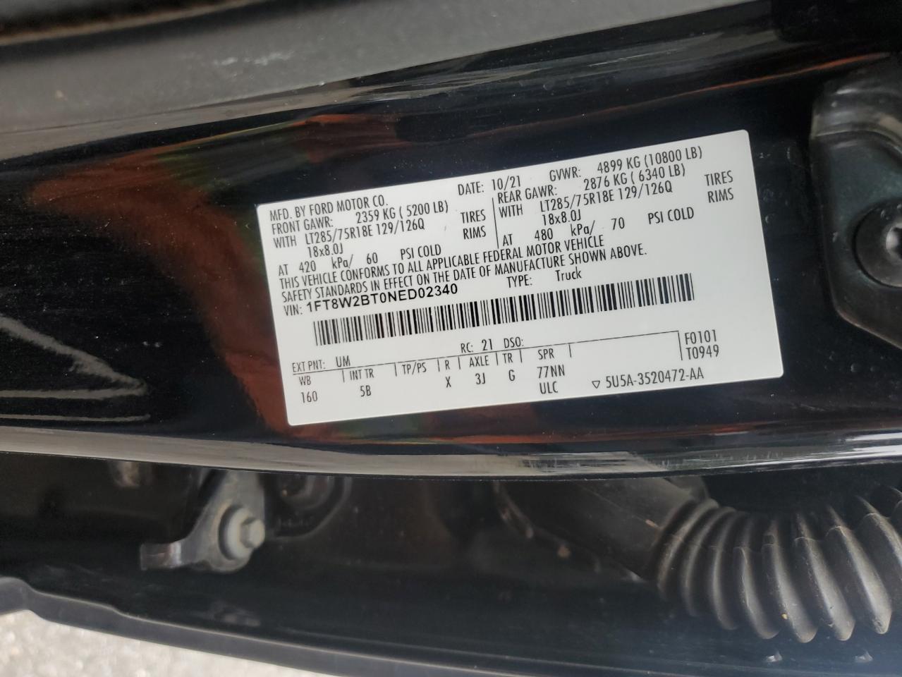 2022 FORD F250 SUPER DUTY VIN:1FT8W2BT0NED02340