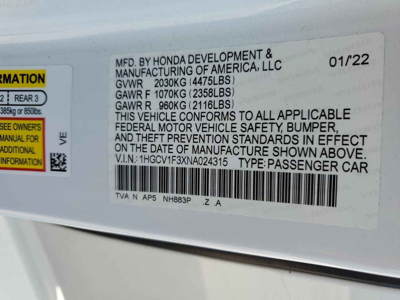 2022 HONDA ACCORD SPORT VIN:1HGCV1F3XNA024315