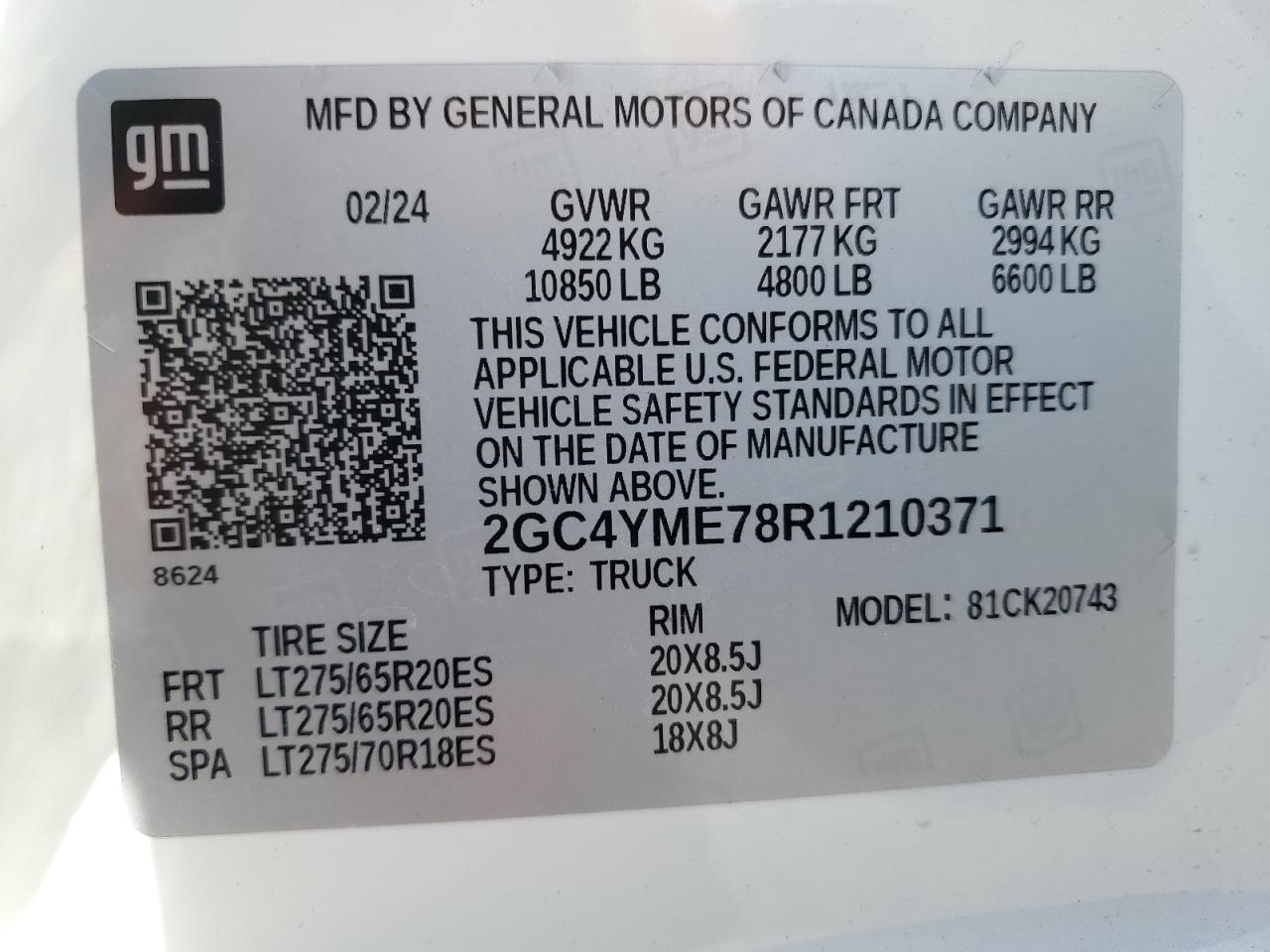 2024 CHEVROLET SILVERADO K2500 CUSTOM VIN:2GC4YME78R1210371