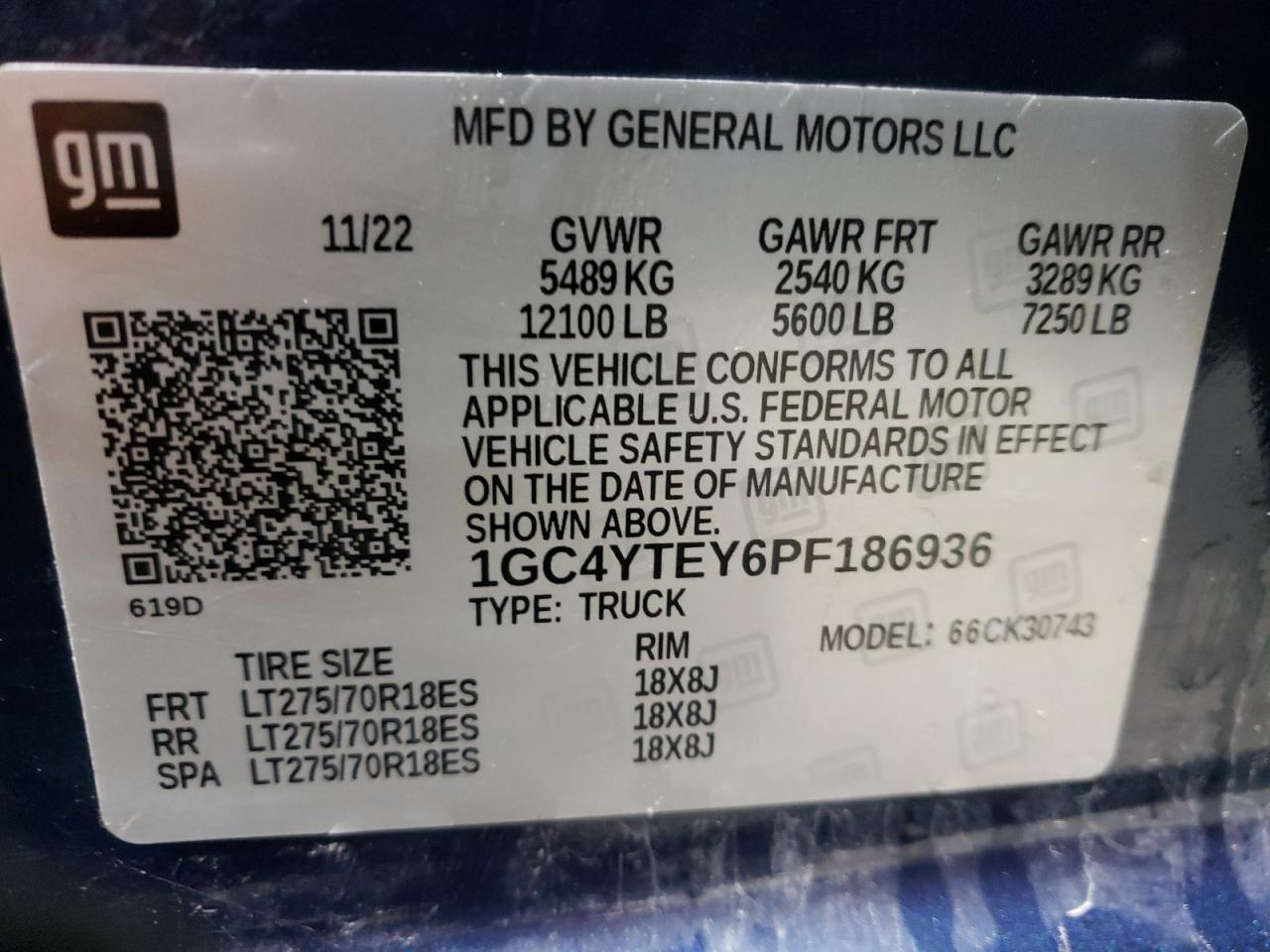 2023 CHEVROLET SILVERADO K3500 LT VIN:1GC4YTEY6PF186936