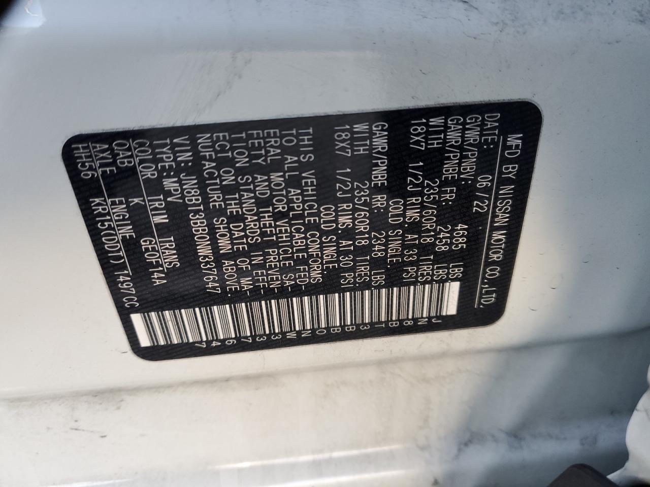 2022 NISSAN ROGUE SV VIN:JN8BT3BB0NW337647