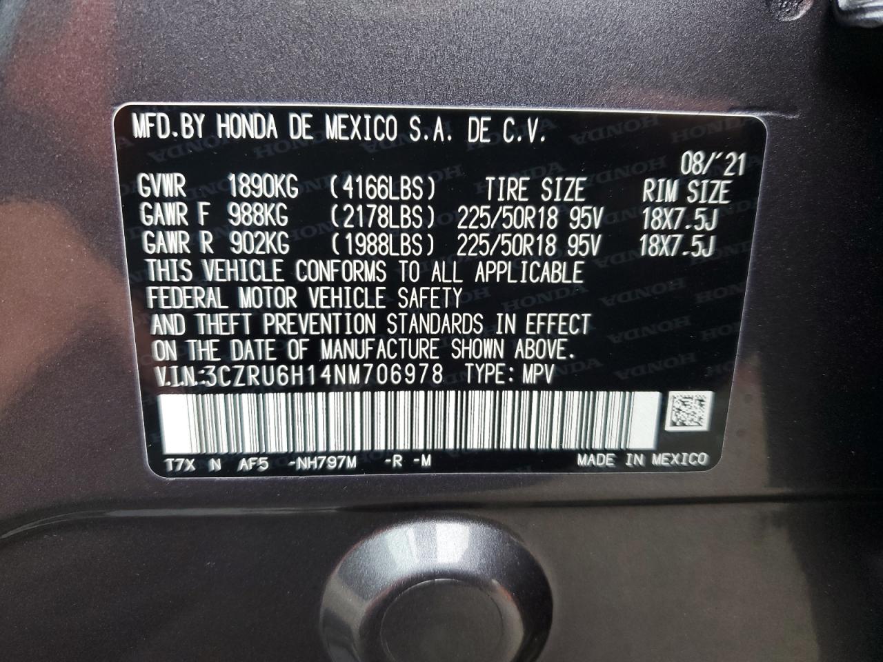 2022 HONDA HR-V SPORT VIN:3CZRU6H14NM706978