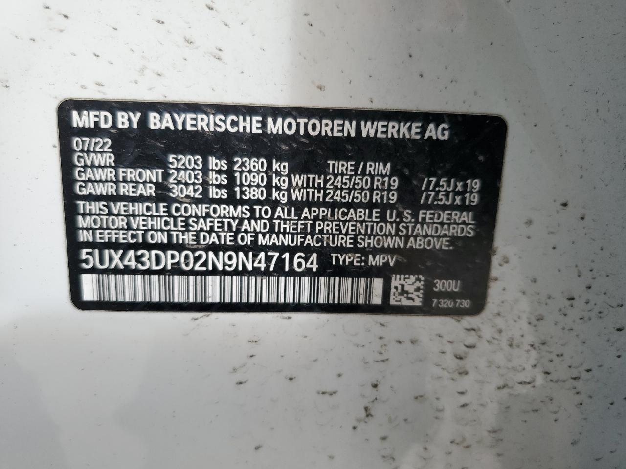 2022 BMW X3 SDRIVE30I VIN:5UX43DP02N9N47164