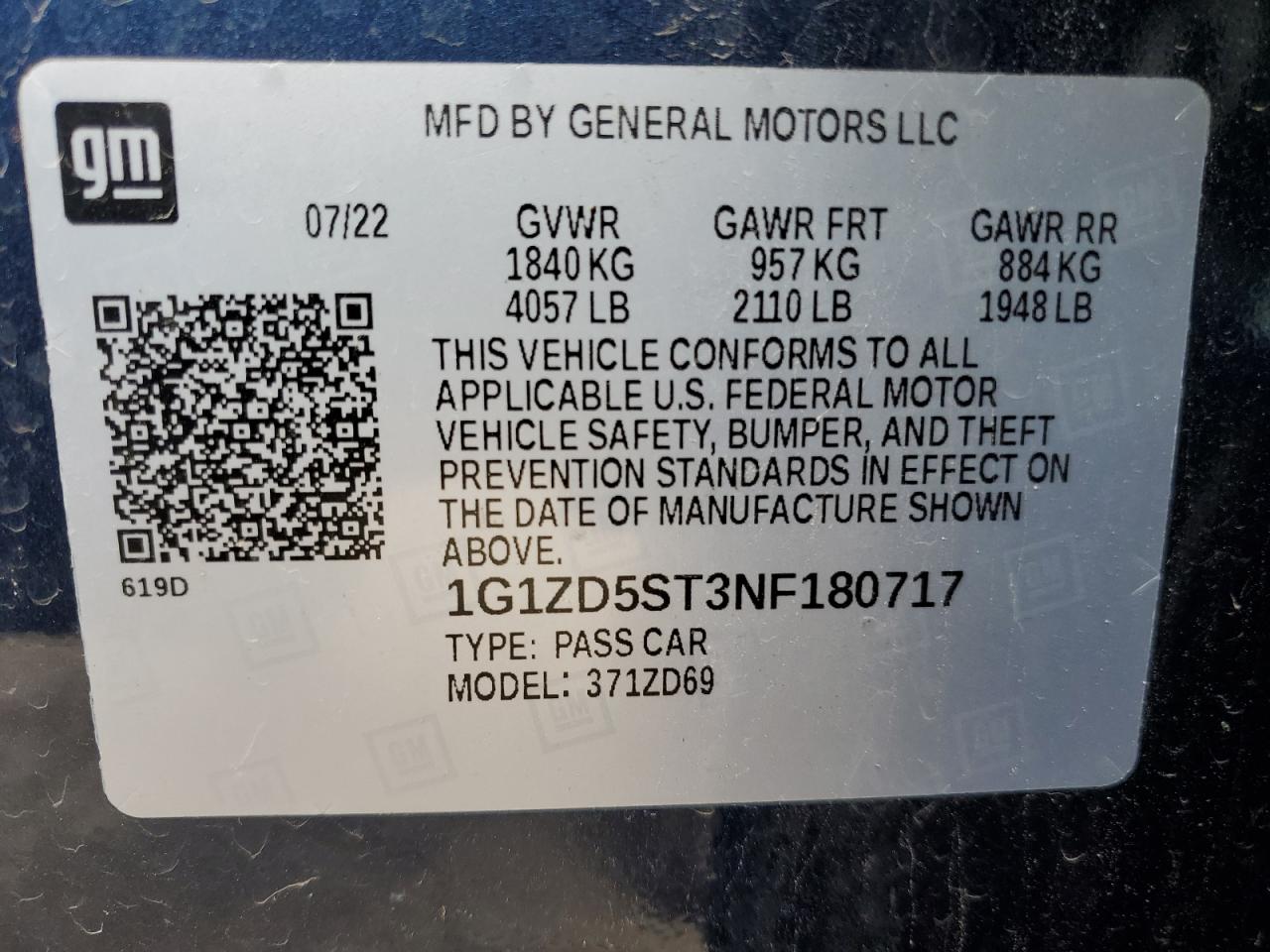 2022 CHEVROLET MALIBU LT VIN:1G1ZD5ST3NF180717