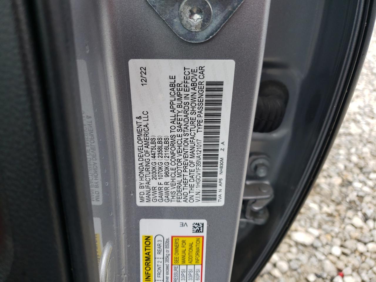 2022 HONDA ACCORD SPORT VIN:1HGCV1F35NA121017