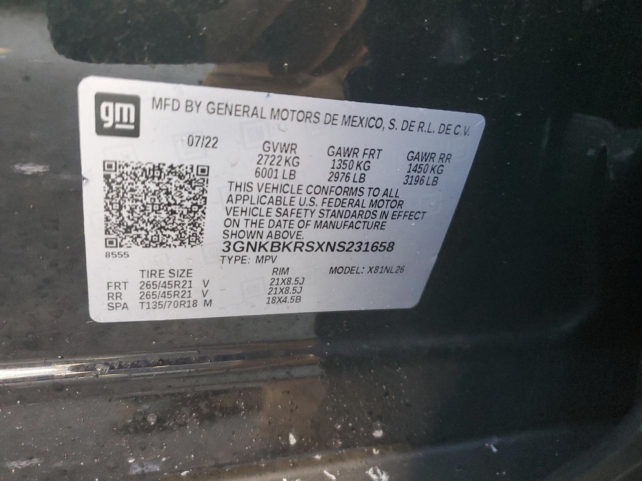 2022 CHEVROLET BLAZER RS VIN:3C6UR5HL0RG103115