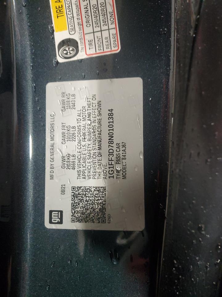 2022 CHEVROLET CAMARO LT1 VIN:1G1FF3D78N0101384