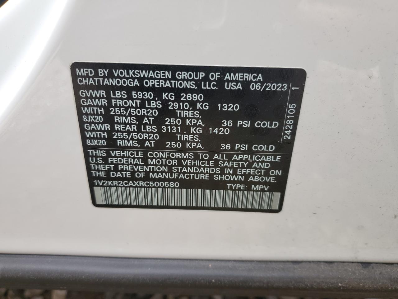 2024 VOLKSWAGEN ATLAS SE VIN:1V2KR2CAXRC500580