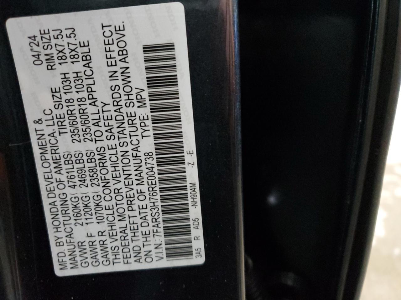 2024 HONDA CR-V EXL VIN:7FARS3H76RE004738