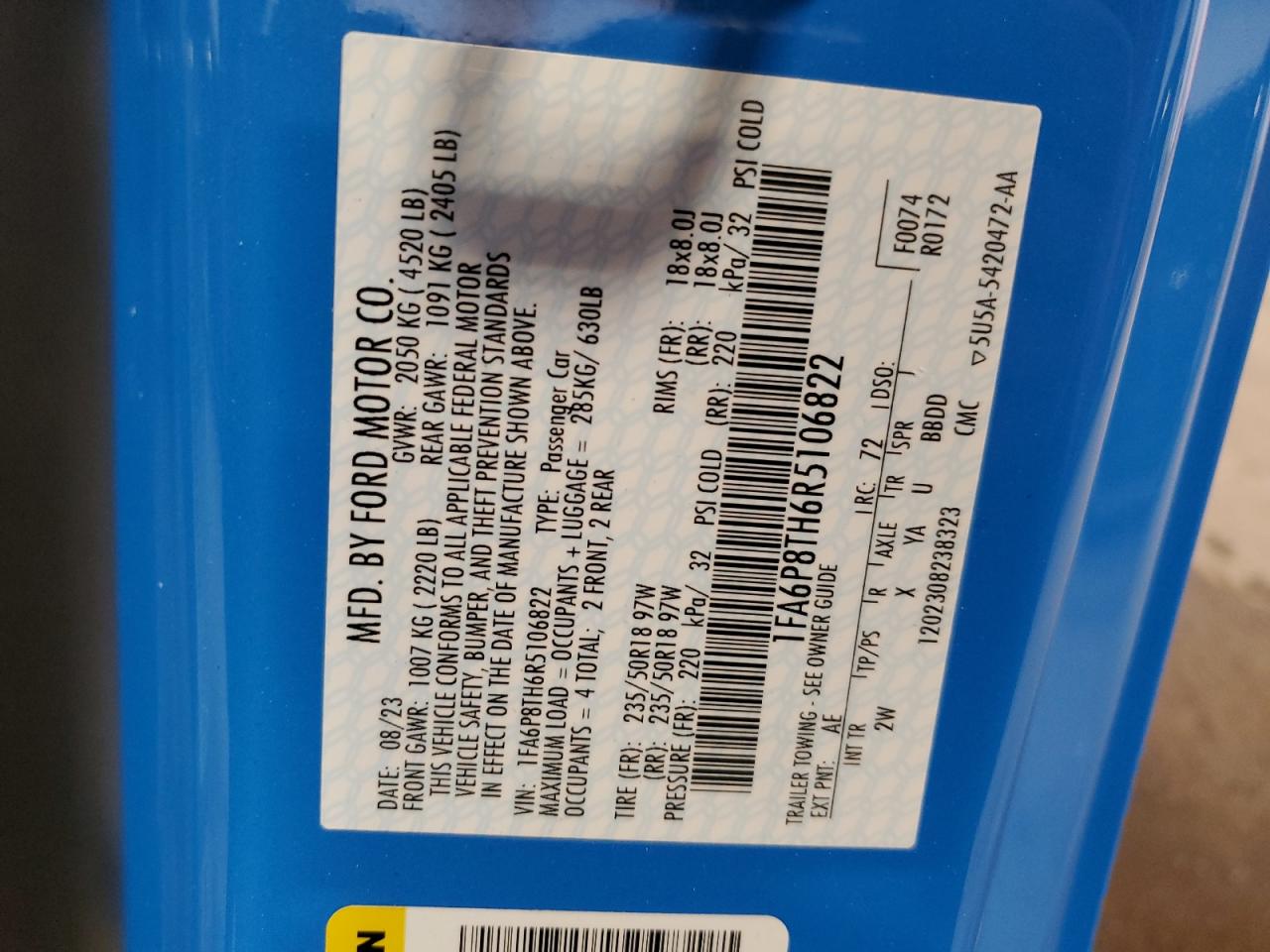 2024 FORD MUSTANG  VIN:1FA6P8TH6R5106822