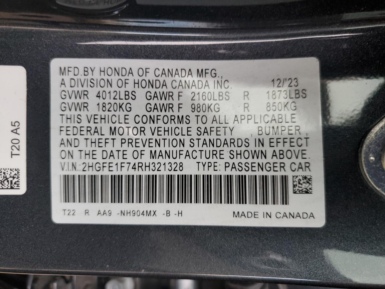 2024 HONDA CIVIC EX VIN:2HGFE1F74RH321328