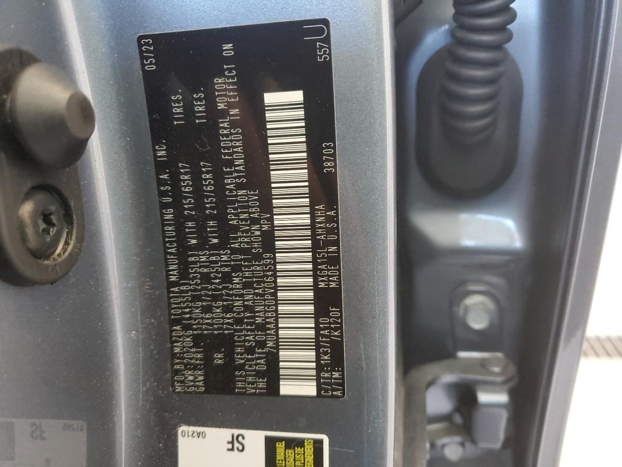 2023 TOYOTA COROLLA CROSS L VIN:7MUAAABG0PV064599