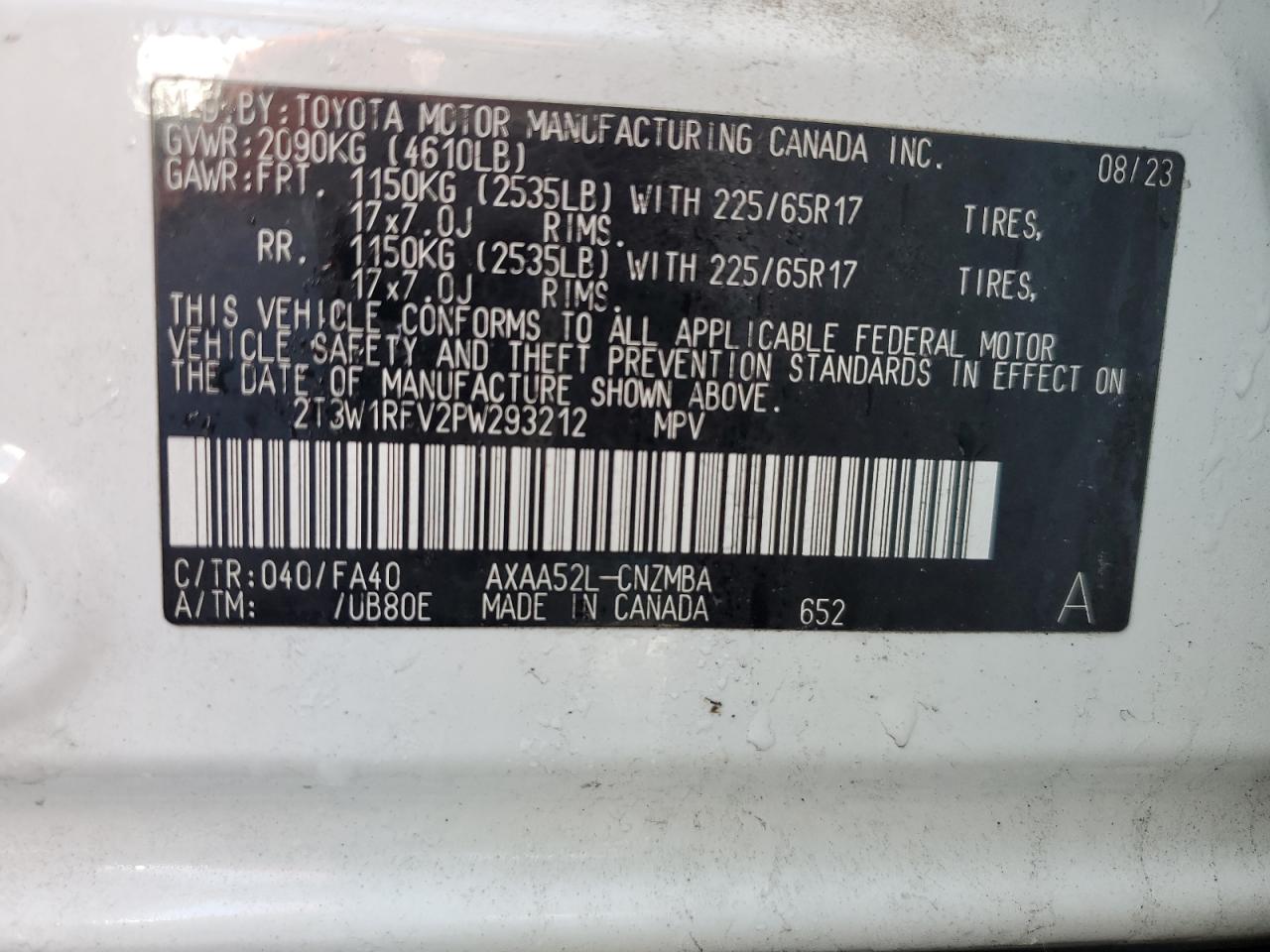 2023 TOYOTA RAV4 XLE VIN:2T3W1RFV2PW293212