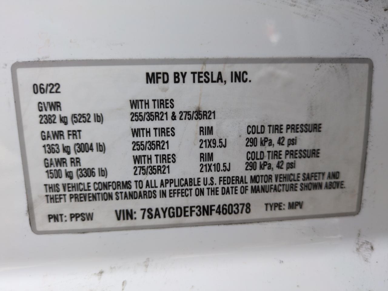 2022 TESLA MODEL Y  VIN:7SAYGDEF3NF460378