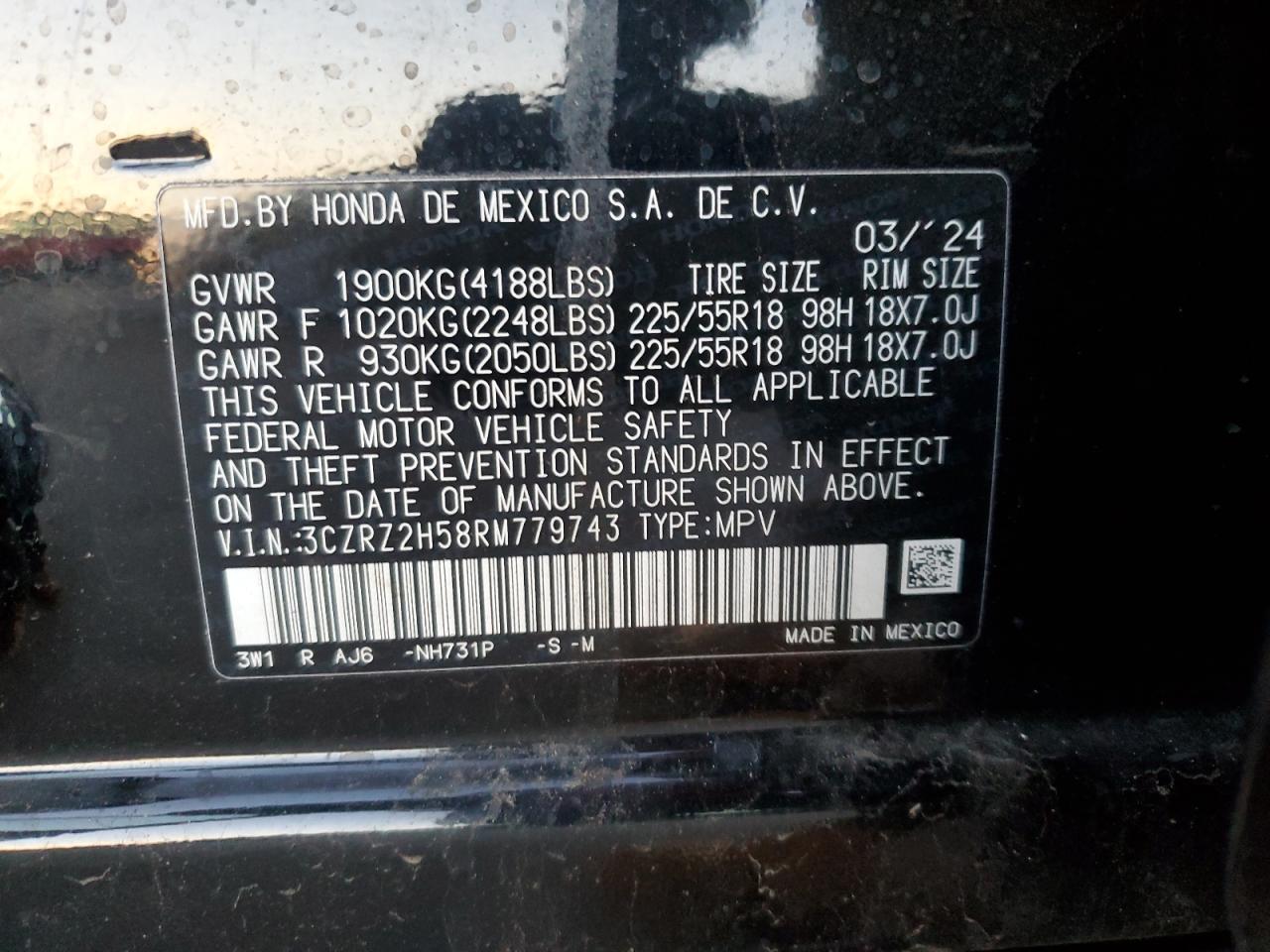 2024 HONDA HR-V SPORT VIN:3CZRZ2H58RM779743