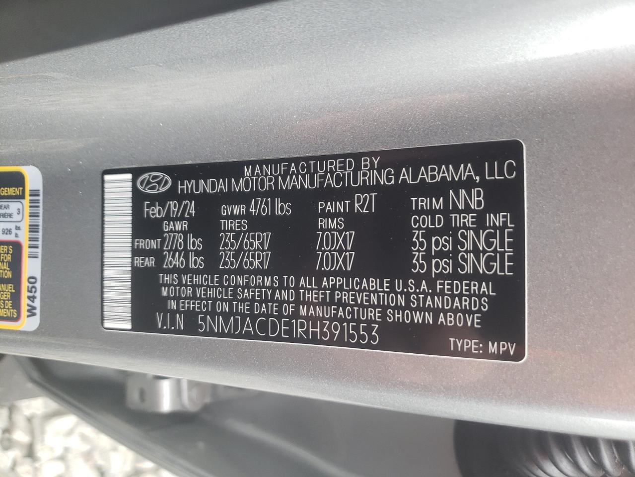 2024 HYUNDAI TUCSON SE VIN:5NMJACDE1RH391553