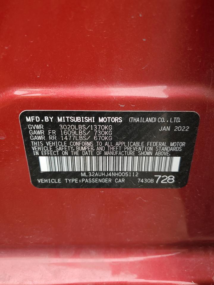 2022 MITSUBISHI MIRAGE ES VIN:ML32AUHJ4NH005112