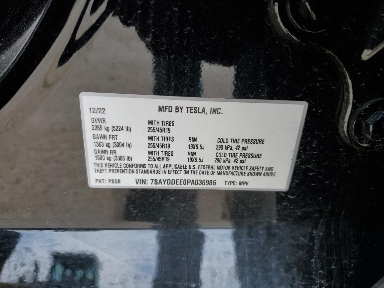 2023 TESLA MODEL Y  VIN:7SAYGDEE0PA036986