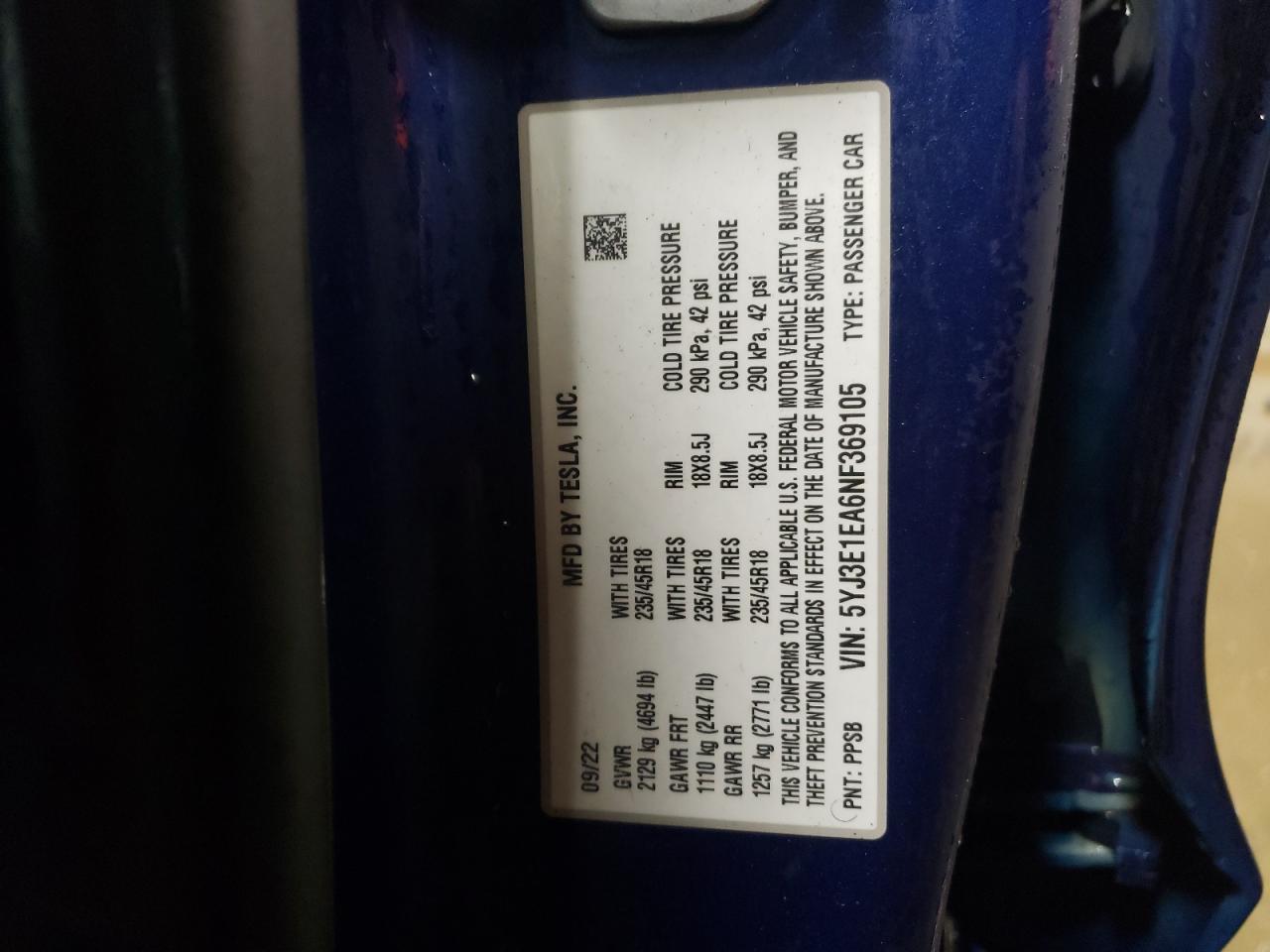 2022 TESLA MODEL 3  VIN:5YJ3E1EA6NF369105