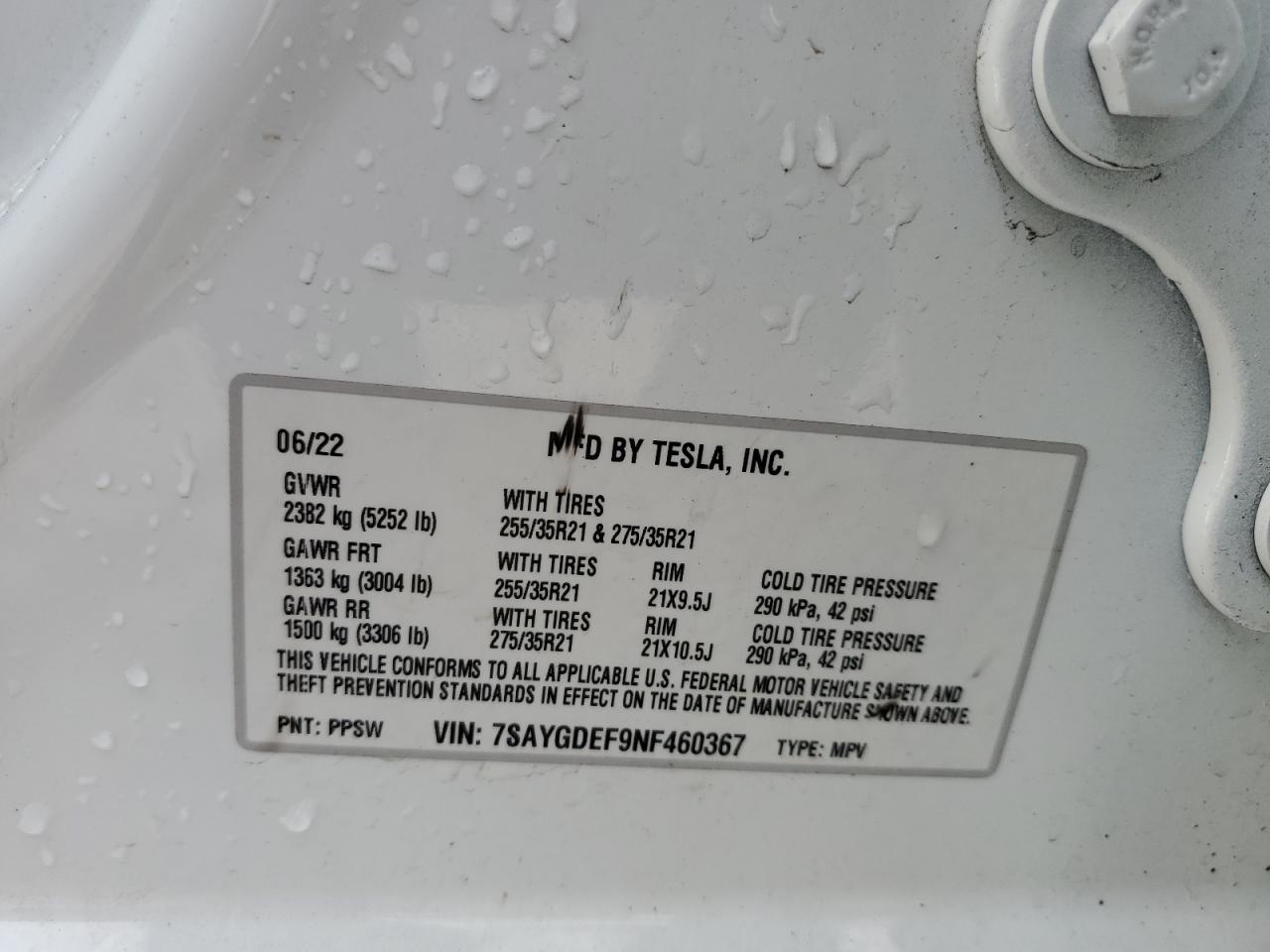 2022 TESLA MODEL Y  VIN:7SAYGDEF9NF460367