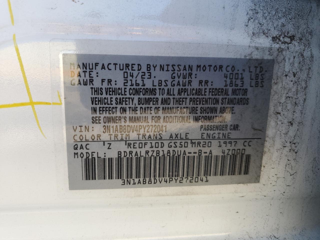 2023 NISSAN SENTRA SR VIN:3N1AB8DV4PY272041