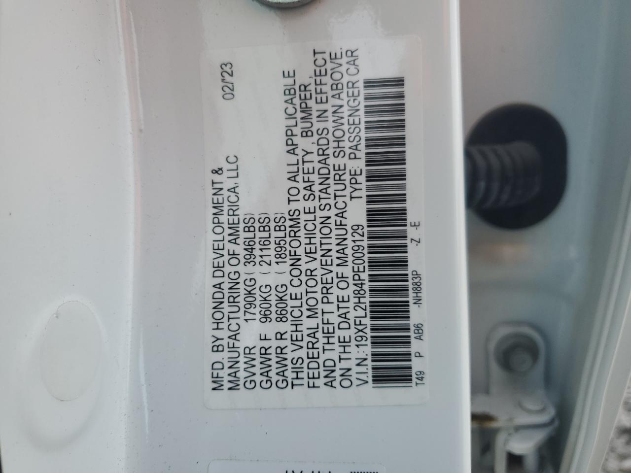 2023 HONDA CIVIC SPORT VIN:19XFL2H84PE009129