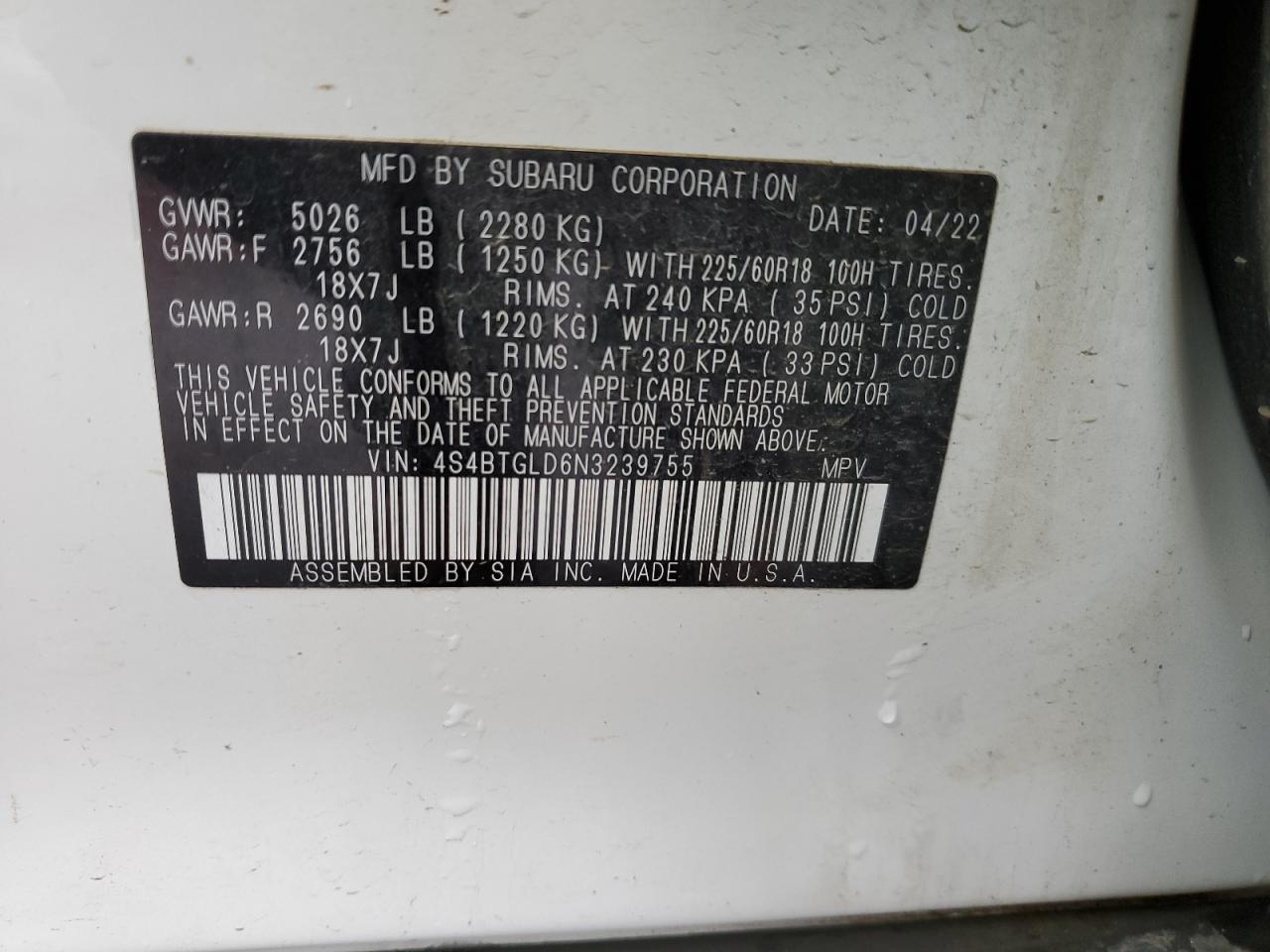 2022 SUBARU OUTBACK ONYX EDITION XT VIN:4S4BTGLD6N3239755