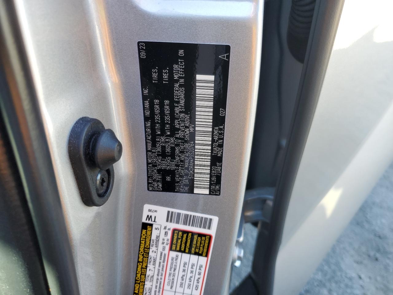 2023 TOYOTA HIGHLANDER L VIN:5TDKDRAH4PS520764