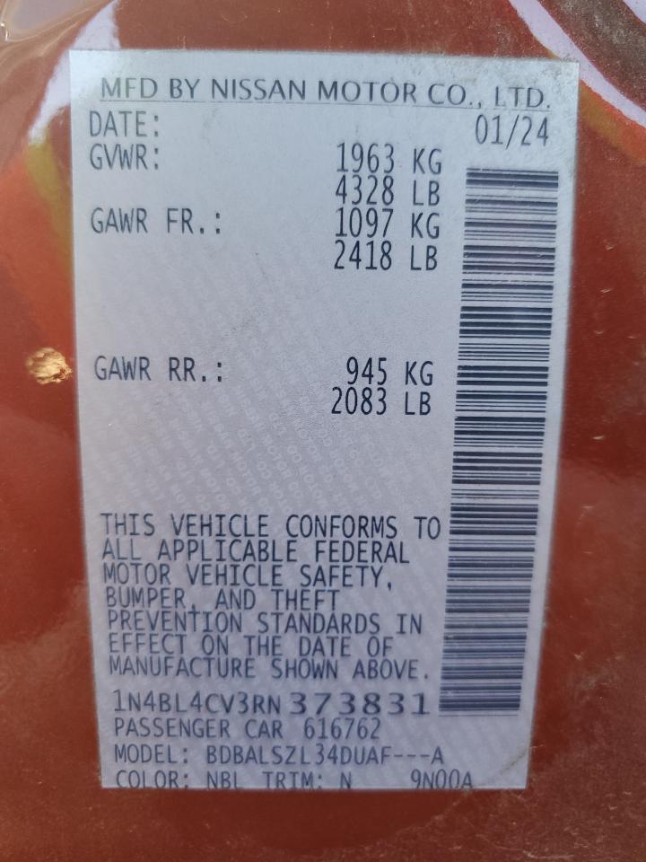 2024 NISSAN ALTIMA SR VIN:1N4BL4CV3RN373831