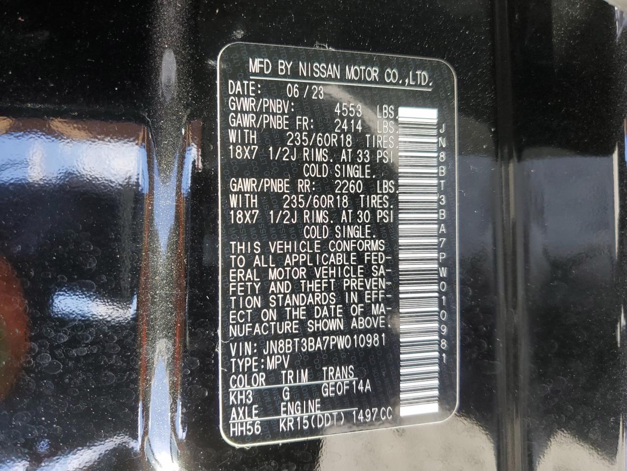 2023 NISSAN ROGUE SV VIN:JN8BT3BA7PW010981