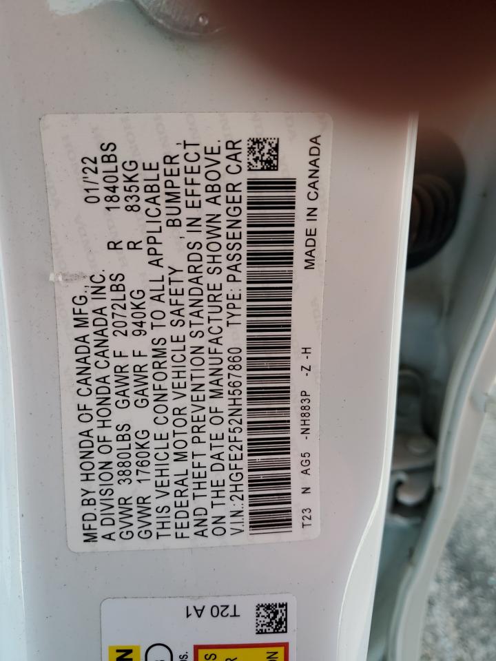 2022 HONDA CIVIC SPORT VIN:2HGFE2F52NH567860