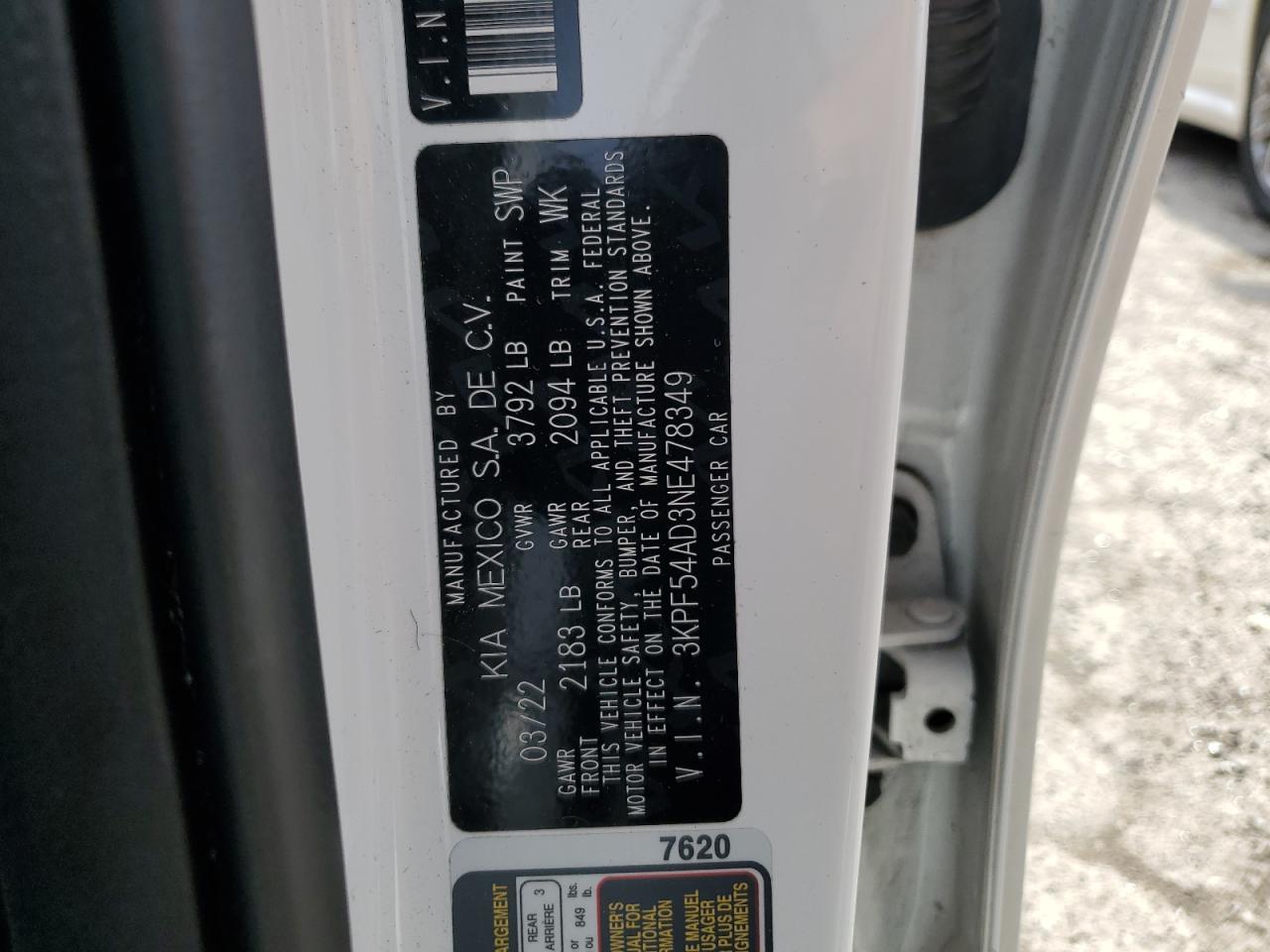 2022 KIA FORTE GT LINE VIN:3KPF54AD3NE478349
