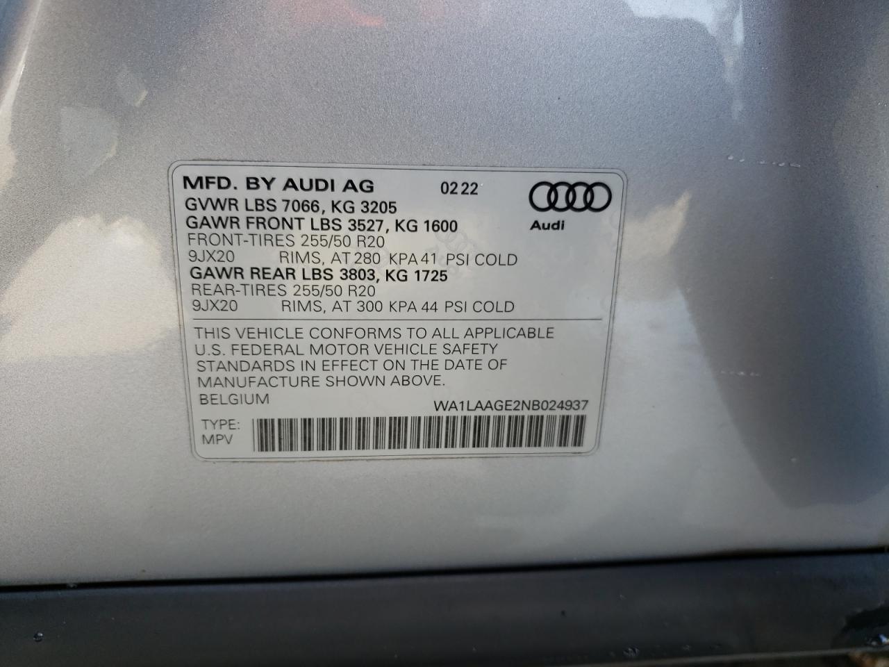 2022 AUDI E-TRON PREMIUM PLUS VIN:WA1LAAGE2NB024937