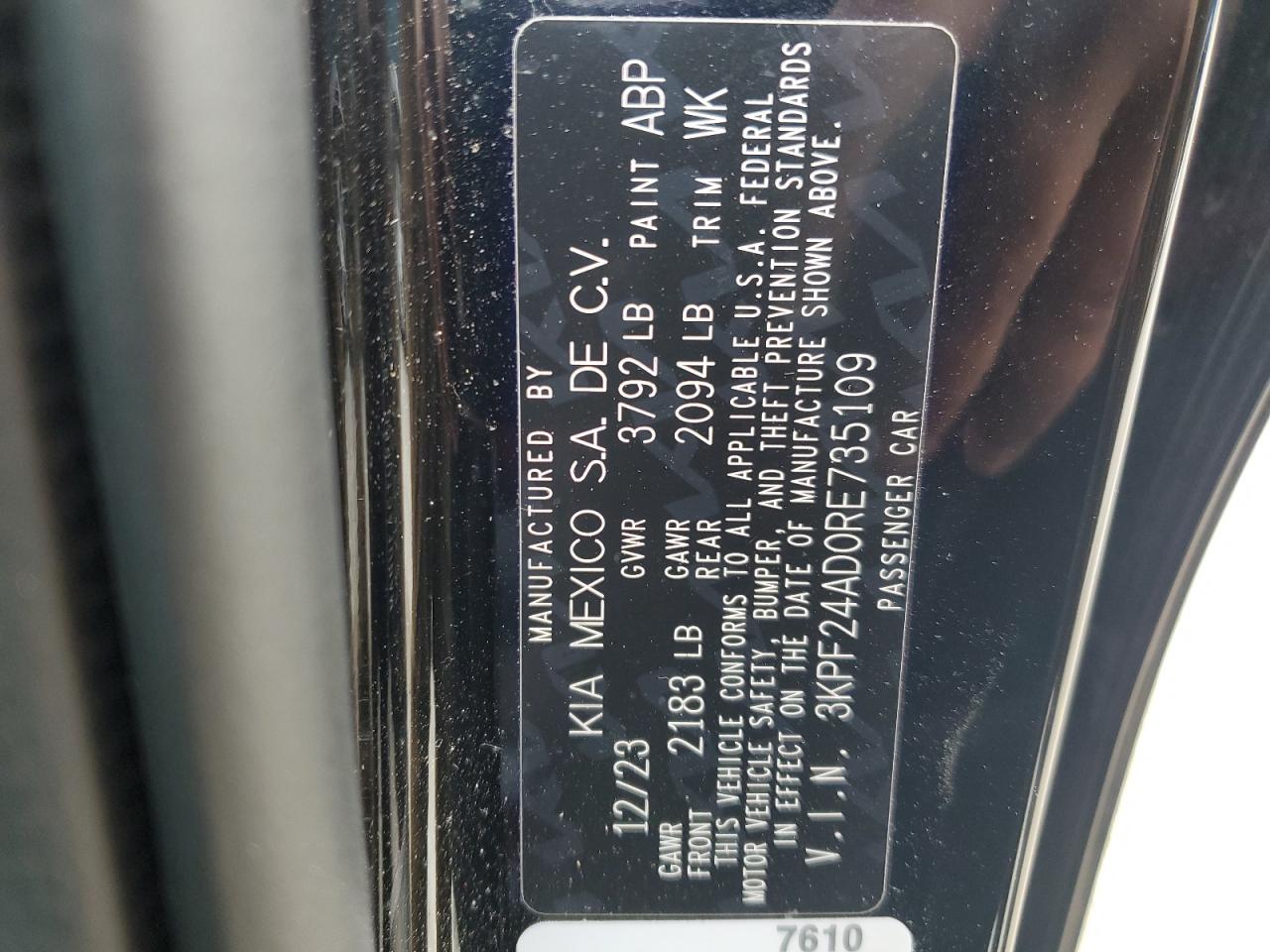 2024 KIA FORTE LX VIN:JTDKN3DU4B0272319