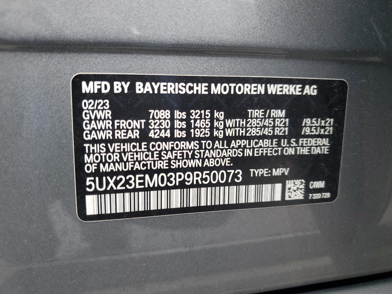 2023 BMW X7 XDRIVE40I VIN:5UX23EM03P9R50073