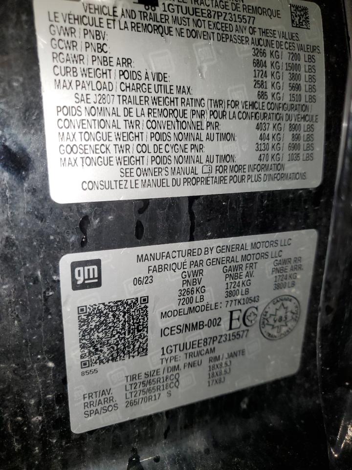 2023 GMC SIERRA K1500 AT4 VIN:1GTUUEE87PZ315577