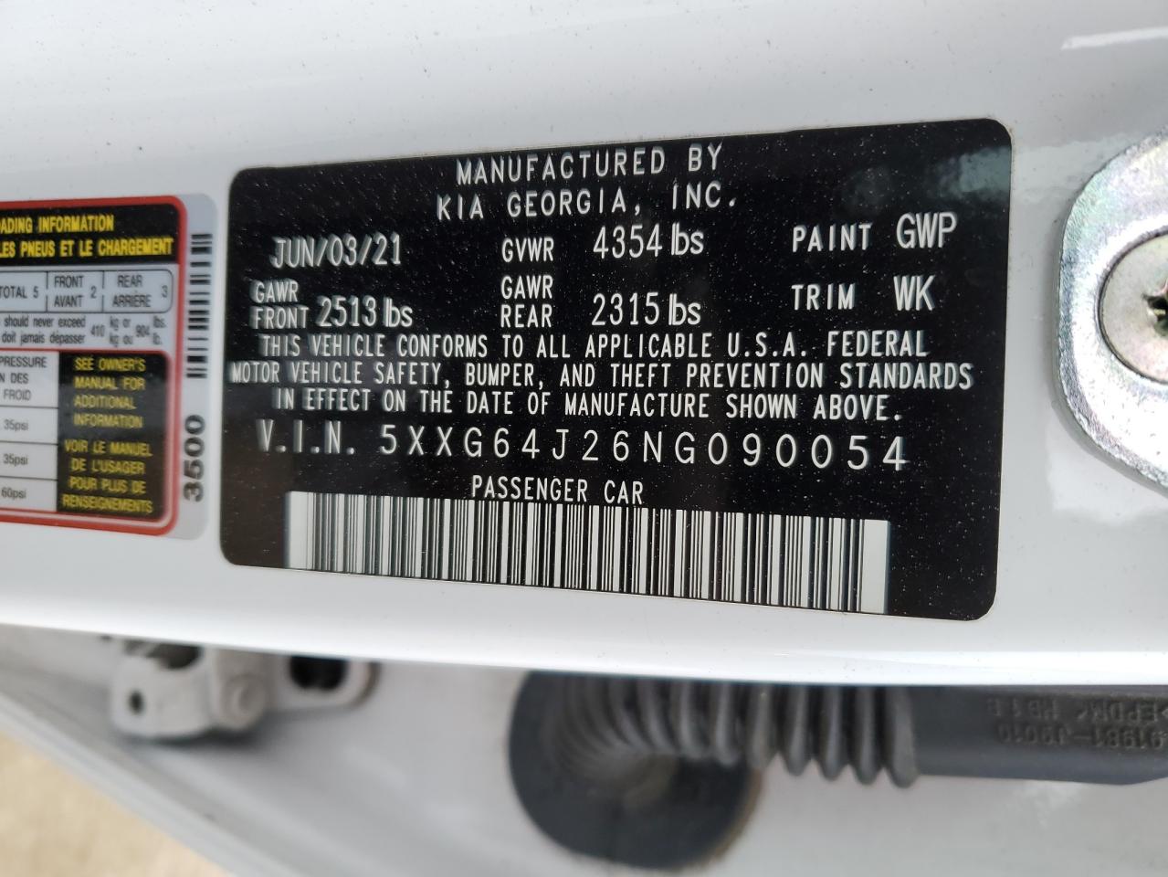 2022 KIA K5 GT LINE VIN:5XXG64J26NG090054