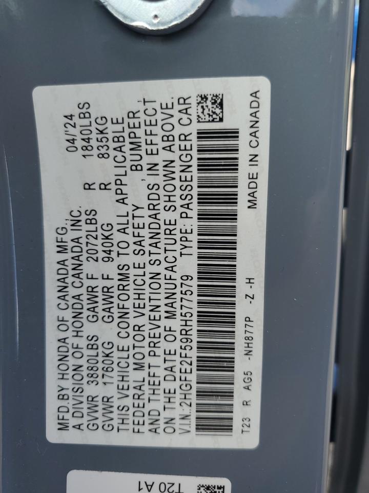 2024 HONDA CIVIC SPORT VIN:2HGFE2F59RH577579