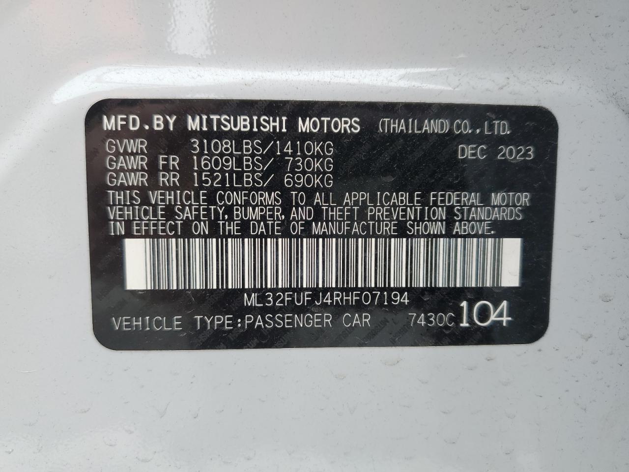 2024 MITSUBISHI MIRAGE G4 ES VIN:ML32FUFJ4RHF07194
