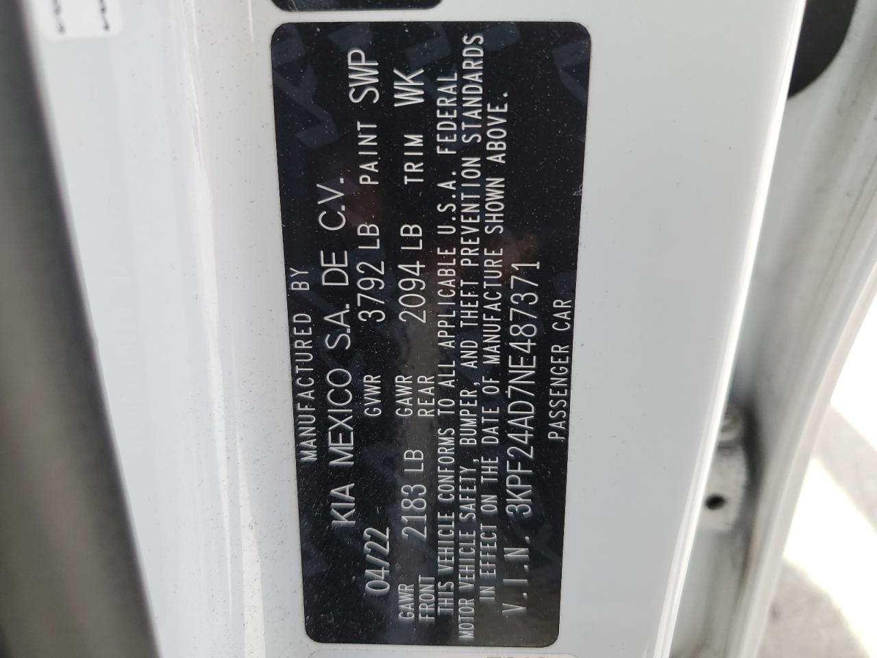 2022 KIA FORTE FE VIN:3KPF24AD7NE487371